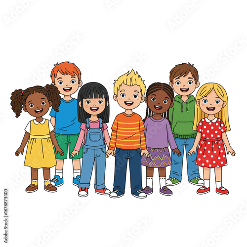 Cute Cartoon Illustration Group of Diverse Children Standing Together Full Body
