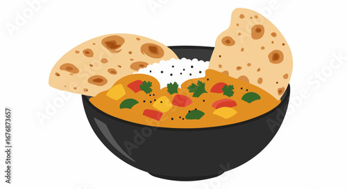 Flat vector illustration of vegetarian curry bowl with flatbread and herbs
