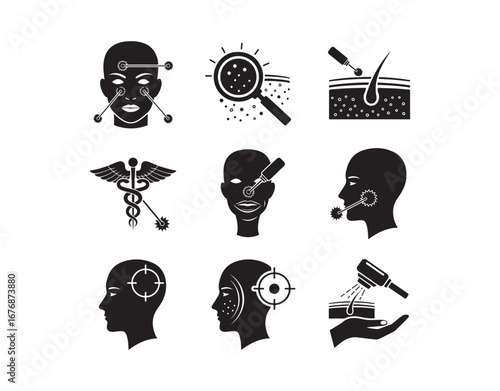 Dermatology Beauty Therapy for Skin Contours and Silhouette Black Icon Collection.