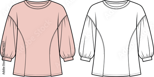 Two long sleeve tops one pink one white with voluminous gathered sleeves fashion sketch flat sketch