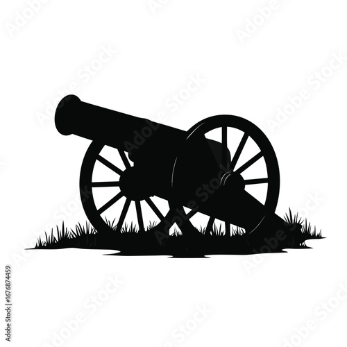 Black silhouette of an antique cannon on grass artillery 1