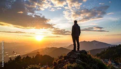 A solitary man stands on a mountain summit, watching the golden sun rise over a breathtaking panoramic landscape