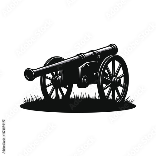 Black silhouette of an antique cannon on grass artillery