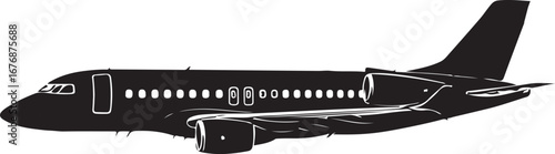 Black silhouette of a passenger jet airplane with white outline details aircraft black and white