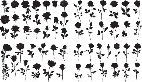 Set of black rose silhouettes on a white background, in various styles and shapes. Simple designs with clean lines, minimal shapes, and a solid outline style.eps