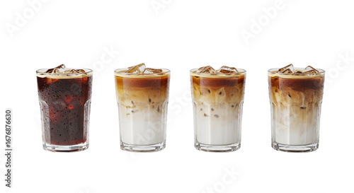 Studio shot against a white background of four different iced coffee drinks in short glasses with ice. From left to right: black iced coffee, iced latte, iced latte macchiato, and iced cappuccino