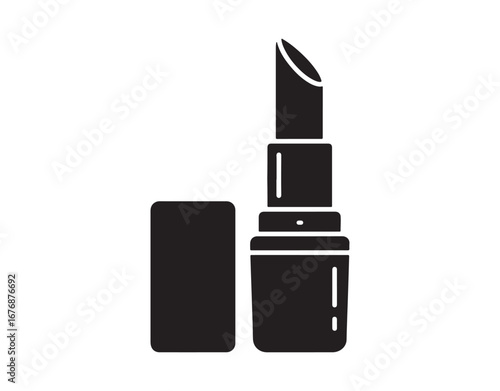 Black lipstick icon. A beauty product for women. Luxurious pomade. Fashion for women. Unwrapped face cosmetic. Lip balm for care. Silhouette symbol.