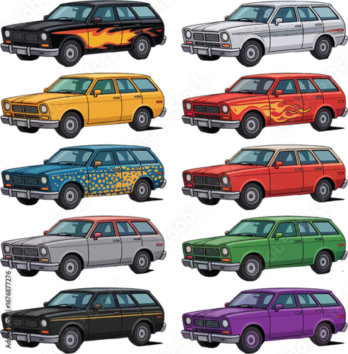 Assortment of Vintage Station Wagon Cars in Various Colors and Styles automobile vehicle