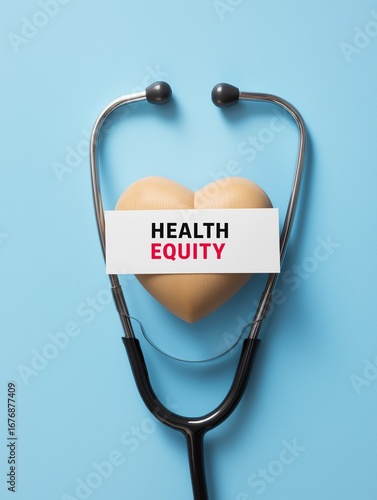A stethoscope frames a heart-shaped figure, highlighting the concept of health equity with a bold message.