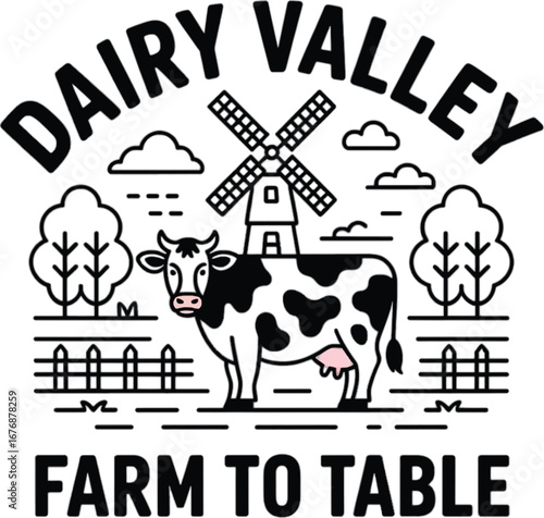 Dairy Valley Farm To Table Logo With Cow And Windmill vector illustration