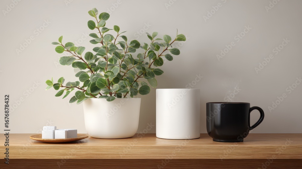 Fototapeta premium A white potted plant with lush green leaves sits on a wooden shelf next to a plain white cylinder and a black mug filled with coffee. Two sugar cubes are placed near the plant.