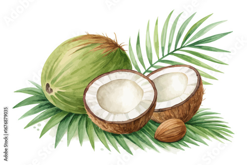 Watercolor tropical coconut fruits