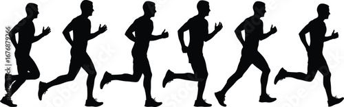 Silhouette sequence of person running in six dynamic poses showing motion phases for sports, animation, biomechanics, and design use