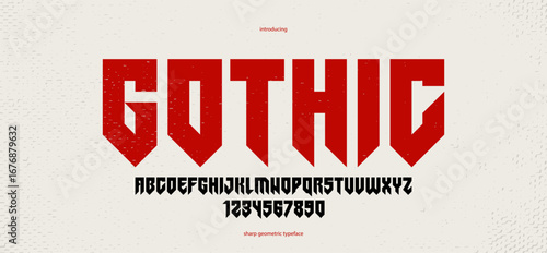 Sharp and bold vector display font for logo, gothic or heavy metal style modern typeface, edgy hard rock letters and numbers alphabet for titles or slogans, heavy typography.