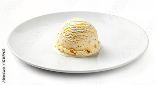 Scoop of vanilla ice cream on a plate, single dessert scoop of creamy ice cream. A delicious frozen dessert ice cream scoop isolated on a white background with copy space.