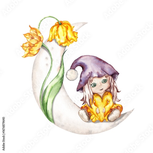 bright watercolor fairy illustration in flowers
