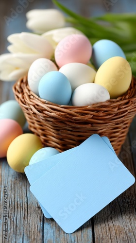 Colorful decorative eggs in a woven basket with blue cards on a wooden table