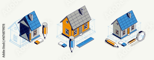 Cottage house for rest project concept set, 3D isometric vector illustration of a small house building project, countryside small house cabin in village or nature.