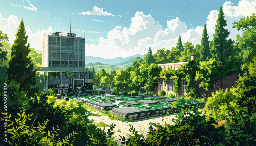 Fototapeta premium Urban cityscape surrounded by lush green trees creating a harmonious blend of nature and architecture