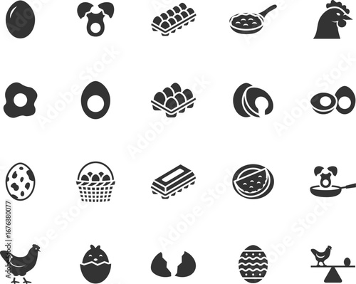 Vector set of egg flat icons. Contains icons boiled egg, omelet, yolk, chicken, eggshell, scrambled egg, easter egg, quail egg and more. Pixel perfect.