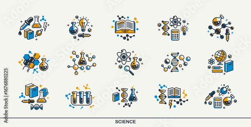 Science vector detailed icons set, school and university education bundle, scientific study and research, physics and chemistry.