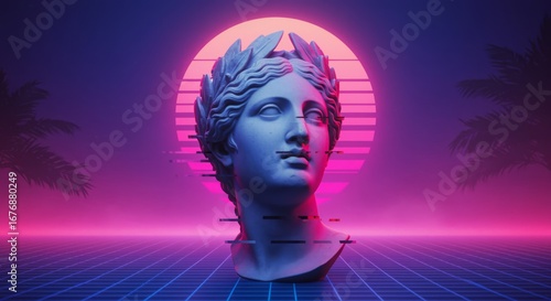 Vaporwave Roman female bust with laurel crown glitch effect on neon grid background