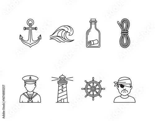 Marine line icons. A vector illustration featuring icons such as an anchor, sea wave, message in a bottle, rope, sailor, lighthouse, wheel, and pirate outline.
