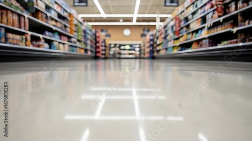 Blurry aisle view with shelves lined with products inside a large retail store