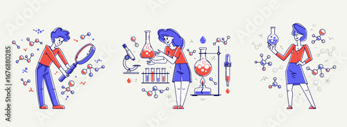 Scientist discovering science theory and making experiments vector outline illustration set, theoretical science research or invention, education learning university.