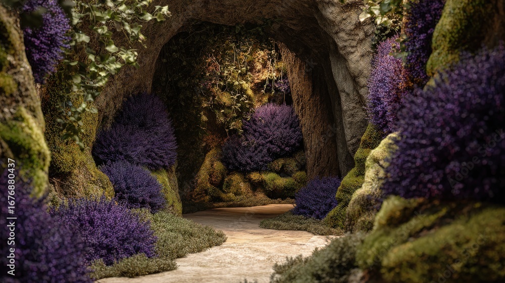 Naklejka premium Living wall in a sacred cave translating rainfall into emotional poetry, petrichor stone and soaked lavender, eco-literature 