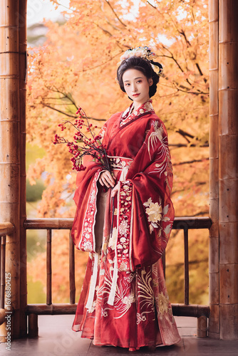 Elegant woman in red hanfu holding branches in autumn setting.