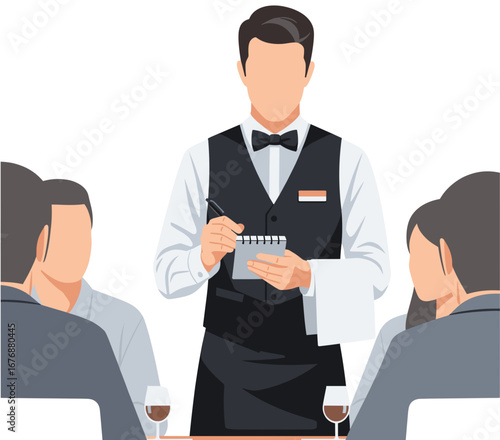 A professional waiter taking customer orders at a restaurant with attentive table service, hospitality staff  showing excellent customer interaction, and a dining experience