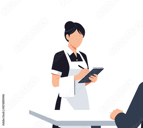 Female waitress taking customer orders with a notepad at a restaurant showcasing professional table service, hospitality industry staff providing attentive dining experience, and customer satisfaction