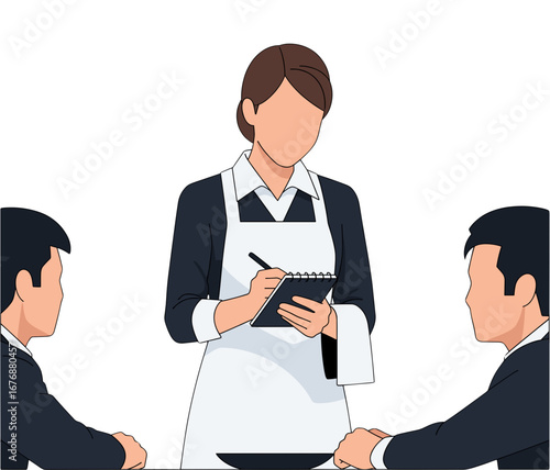 Female waitress taking customer orders with a notepad at a restaurant showcasing professional table service, hospitality industry staff providing attentive dining experience, and customer satisfaction