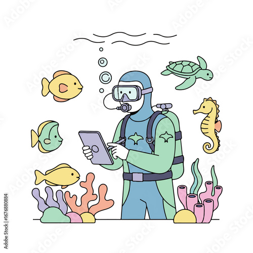 Scuba diver uses a tablet underwater surrounded by sea life for marine conservation 