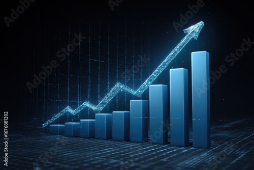 This is a 3D bar chart with a line graph superimposed. The blue bars represent increasing values, and the silver line graph, with an arrow at the end, signifies upward growth and.