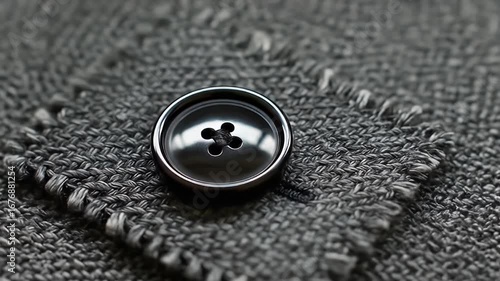A shiny, metallic four-hole button is attached to a rough, woven gray material