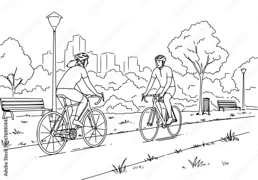 Obraz premium Cyclists in the Park. drawing illustration, coloring page, line art