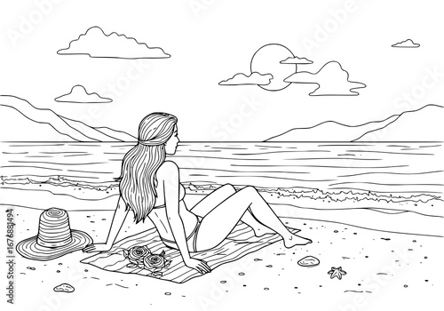 Woman relaxing on the beach. drawing illustration, coloring page, line art