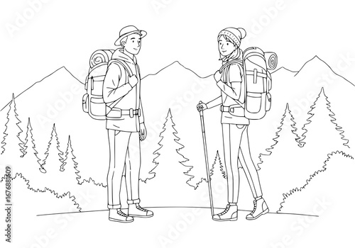 Hikers in the Mountains. drawing illustration, coloring page, line art