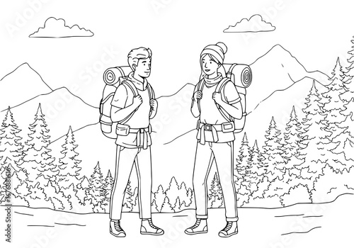 Hikers in Mountain Landscape. drawing illustration, coloring page, line art