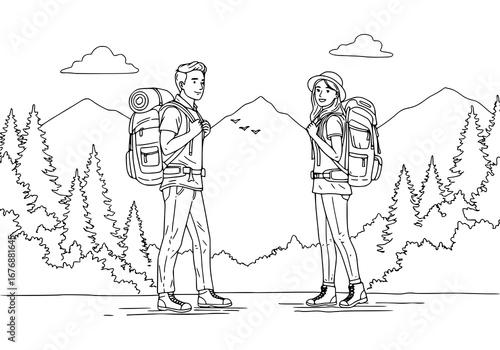 Couple Backpacking in Mountain Landscape Line Art. drawing illustration, coloring page, line art