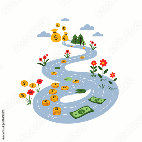 An illustrative winding path adorned with golden coins, euro banknotes, and money bags, symbolizing a successful financial journey towards wealth and prosperity.