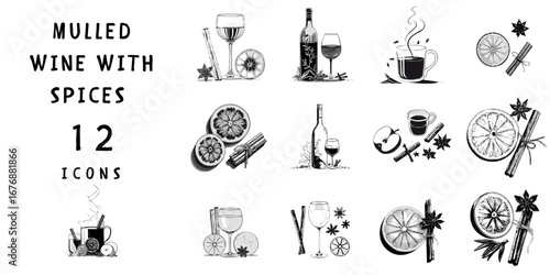 Mulled wine with spices illustrations in black and white design  
