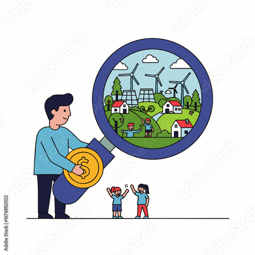 A thoughtful investor considers a vibrant, sustainable community powered by renewable energy, envisioning a bright future for the next generation.