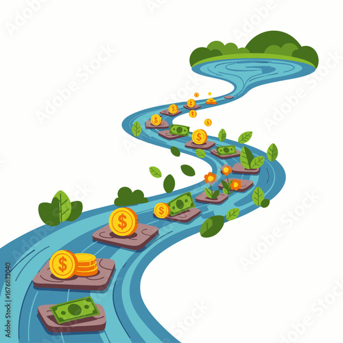 A vibrant illustration depicting a winding river of financial opportunity, with coins and banknotes flowing on stepping stones towards a prosperous future.