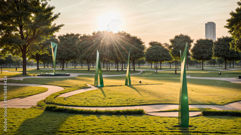 Naklejka premium Park with Artistic Sculptures in Morning Sunlight
