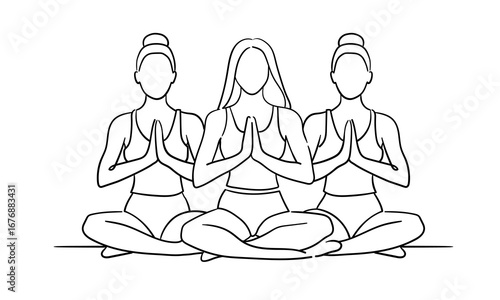 2 Woman sitting in yoga pose with palms folded at chest level, continuous line art isolated on white background. Relax line art drawing. Vector illustration	