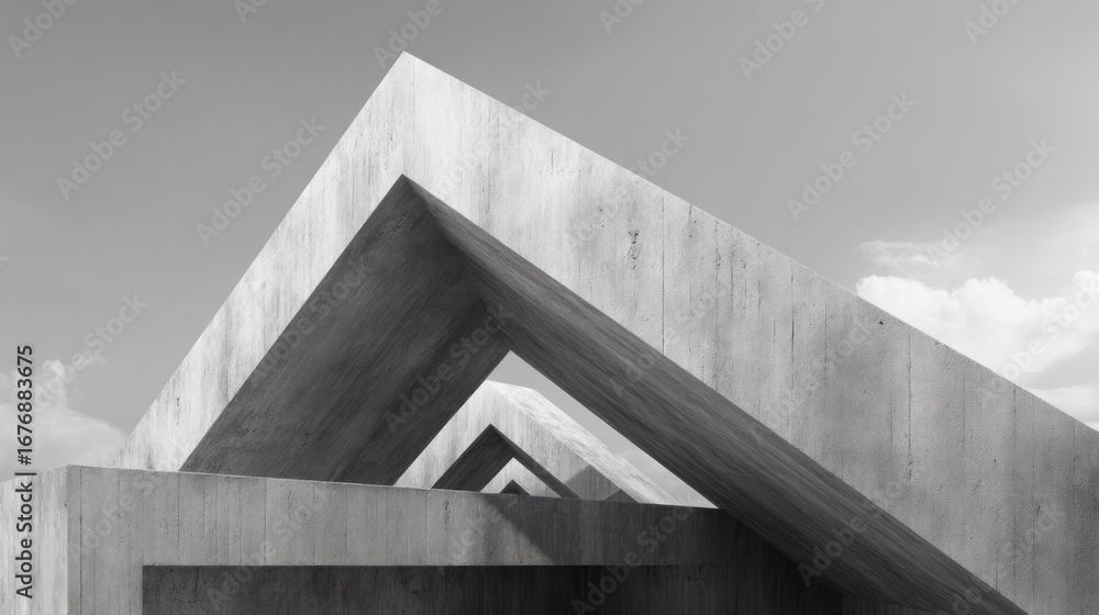 Fototapeta premium A stark black and white photograph showcases a complex architectural structure composed of intersecting concrete planes. The design features sharp angles and deep recesses, 