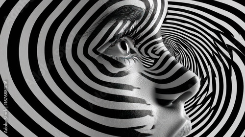A striking black and white portrait features a person?s face dramatically transformed with swirling, concentric zebra-like stripes that appear to wrap around and distort their features. The subject?